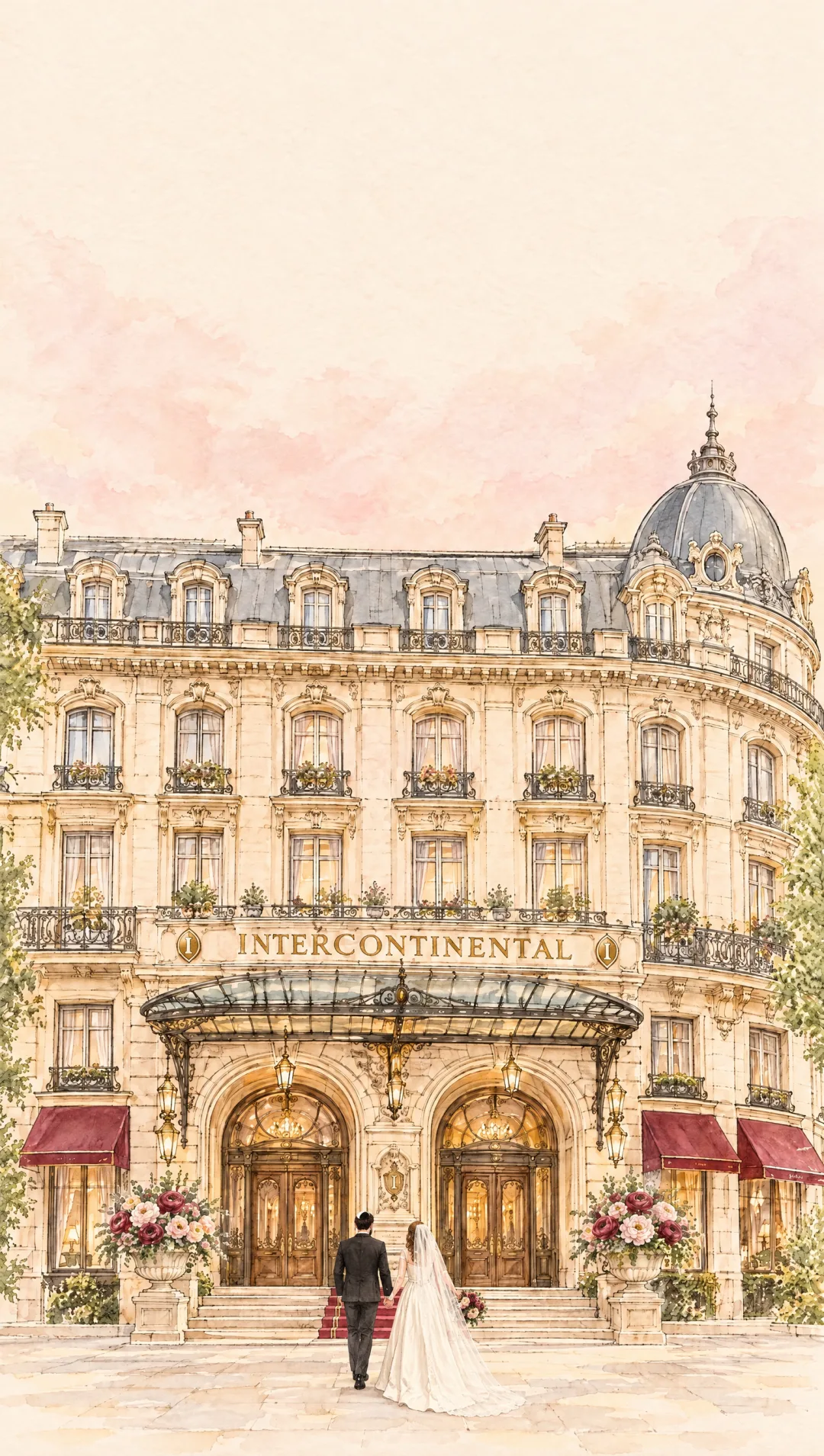 Les mariés marchant vers l'InterContinental Paris Le Grand
